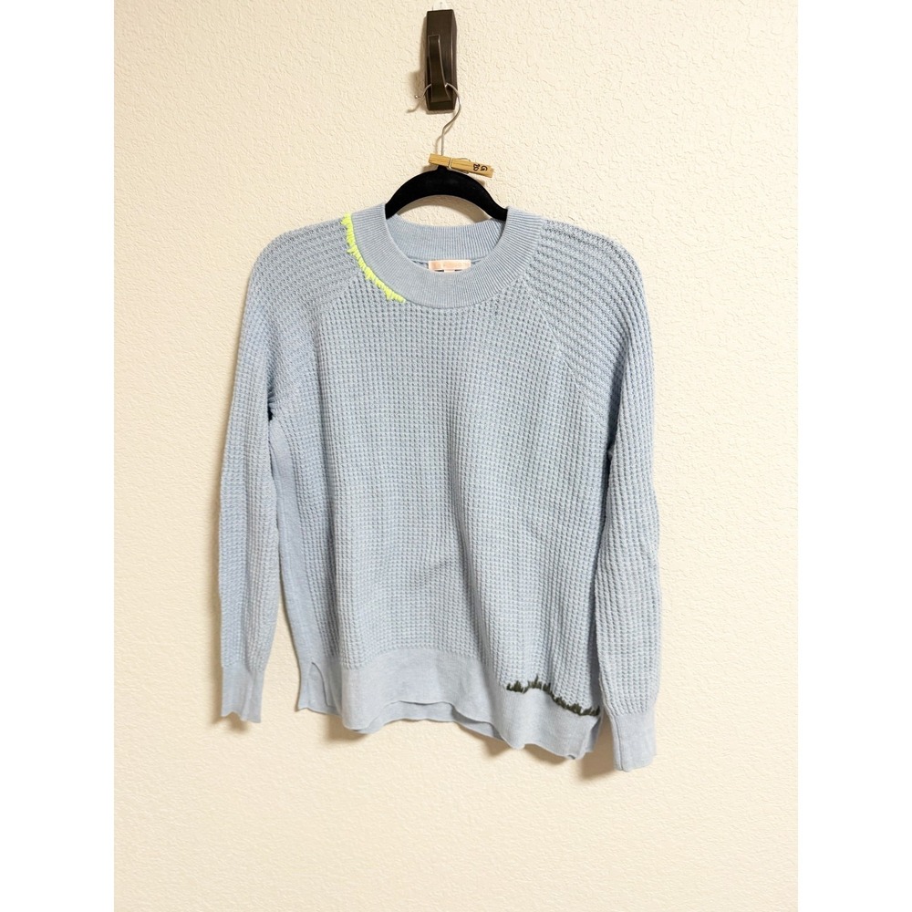 Lisa Todd Waffle Knit Sweater Whipstitch Raglan Crew Neck Pullover Blue Small